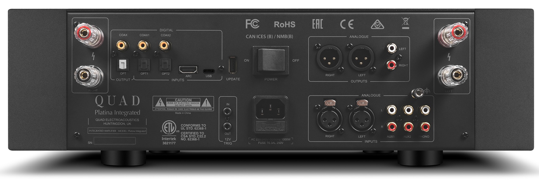QUAD Platina Integrated Amplifier rear panel showing connectivity options